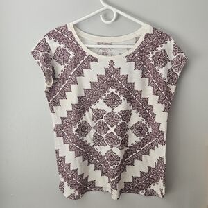 Lucky Brand Cream Tee with Burgundy Geometric Print